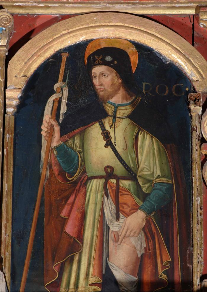 Saint-Roch, détail retable du Précurseur (1524), église paroissiale Saint-Jean-Baptiste, Villars-sur-Var. Cliché M. Graniou.