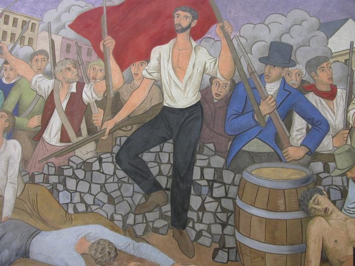 Auguste Blanqui sur les barricades. Peinture murale de Dussour, 1965, Médiathèque (Ancienne Mairie de Puget-Théniers.