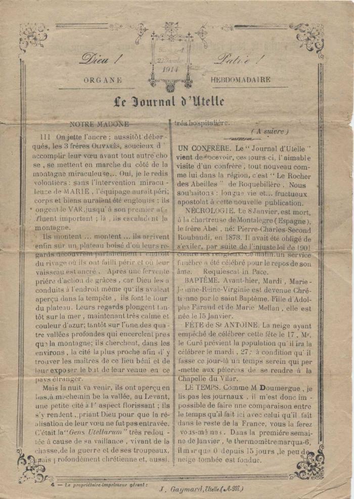 Le journal d'Utelle n°4, 22 janvier 1914.