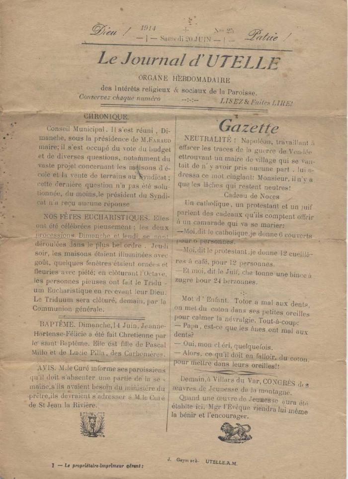 Le journal d'Utelle n°25, 20 juin 1914.