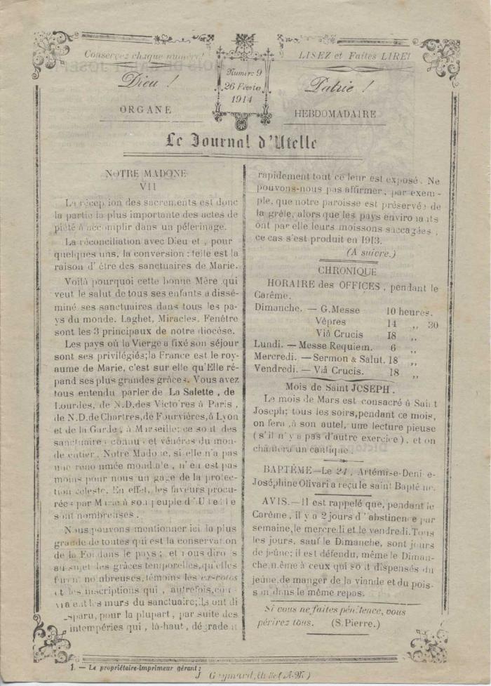 Le journal d'Utelle n°9, 26 Février 1914.