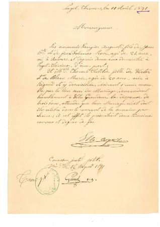 Puget-Théniers le 11 août 1891 [Demande de dispense de mariage de Auguste Laugier et Clotilde Thomel]